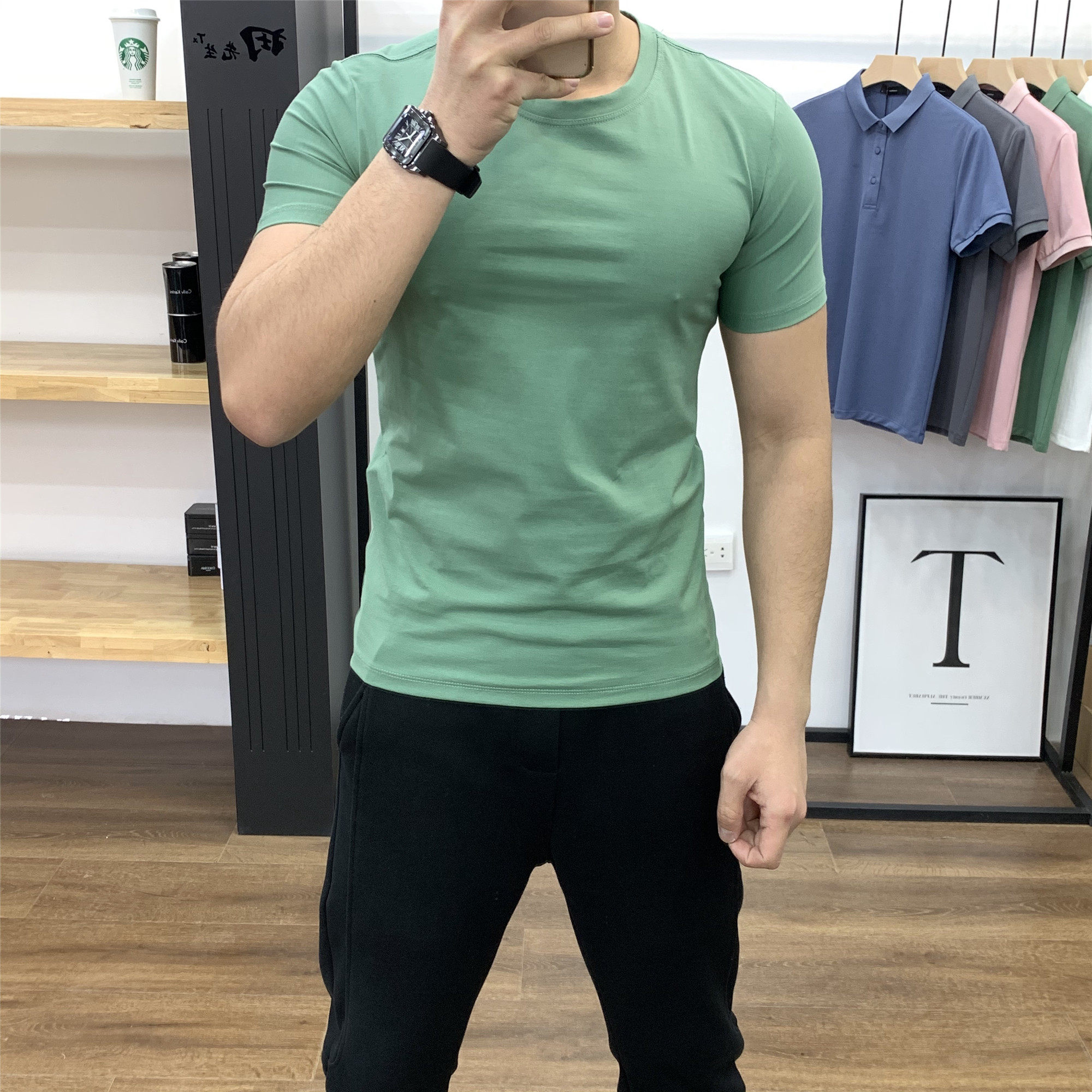 夏季新款男士T恤休闲运动修身健身圆领透气棉质打底衫上衣短袖潮