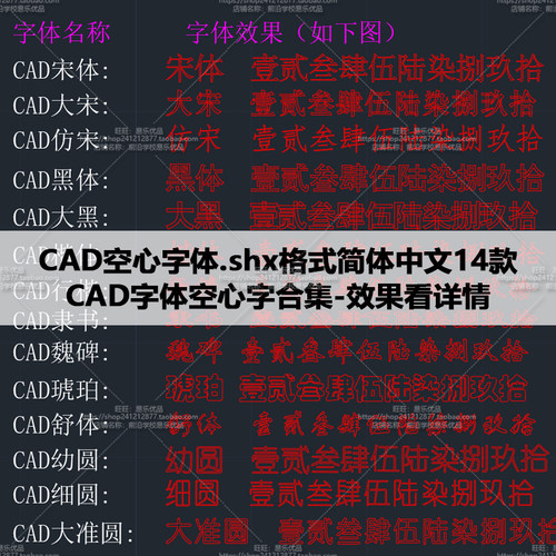 CAD空心字体.shx格式简体中文14款设计师行楷隶书线激光切割文字