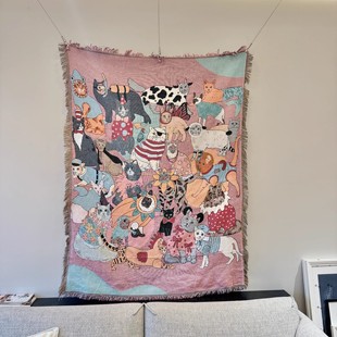 Karenmabon英国外贸原单复古中古风毯挂毯粉色猫咪沙发装饰毯