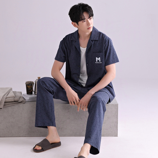 高档男士夏季睡衣薄款纯棉180斤到200大码短袖长裤翻领家居服套装