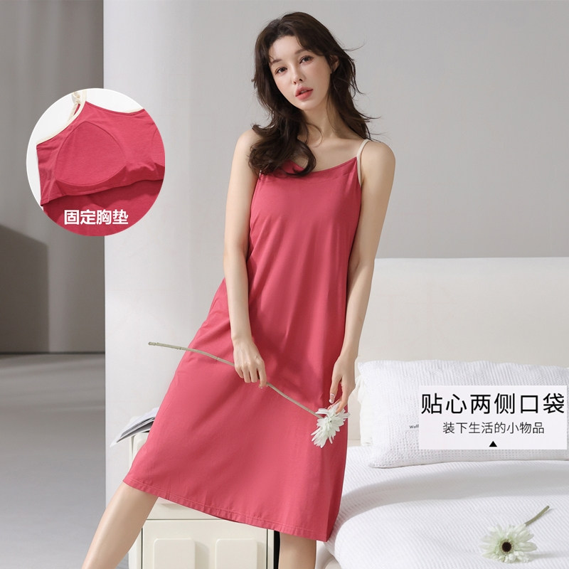 吊带宽松睡裙带胸垫夏季莫代尔