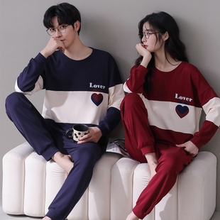 情侣睡衣秋冬款高档全棉100%纯棉圆领长袖套头一男一女家居服套装