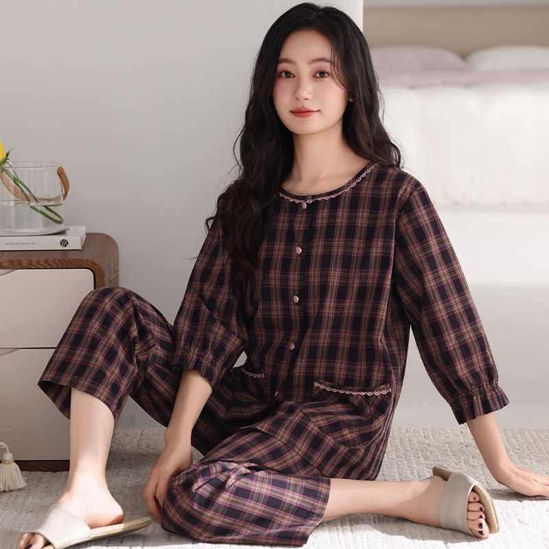 七分袖格子睡衣女款爆款2026新款高级感梭织纯棉妈妈九分裤家居服