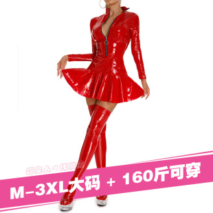 漆皮裙日系搜查官制服女23XL大码亮皮紧身黑红镜面塑身连衣裙套装