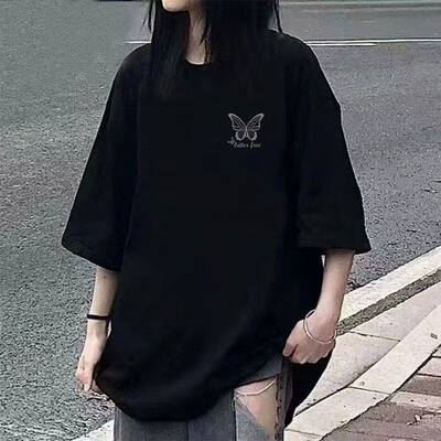 纯棉黑色印花短袖T恤女夏季宽松情侣装半袖纯棉上衣服