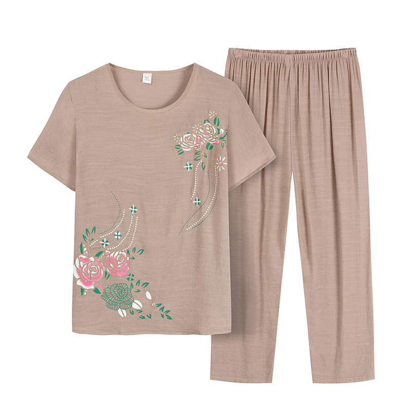 老年奶奶装夏季套装中年人女妈妈短袖棉麻居家老人夏天衣服两件套