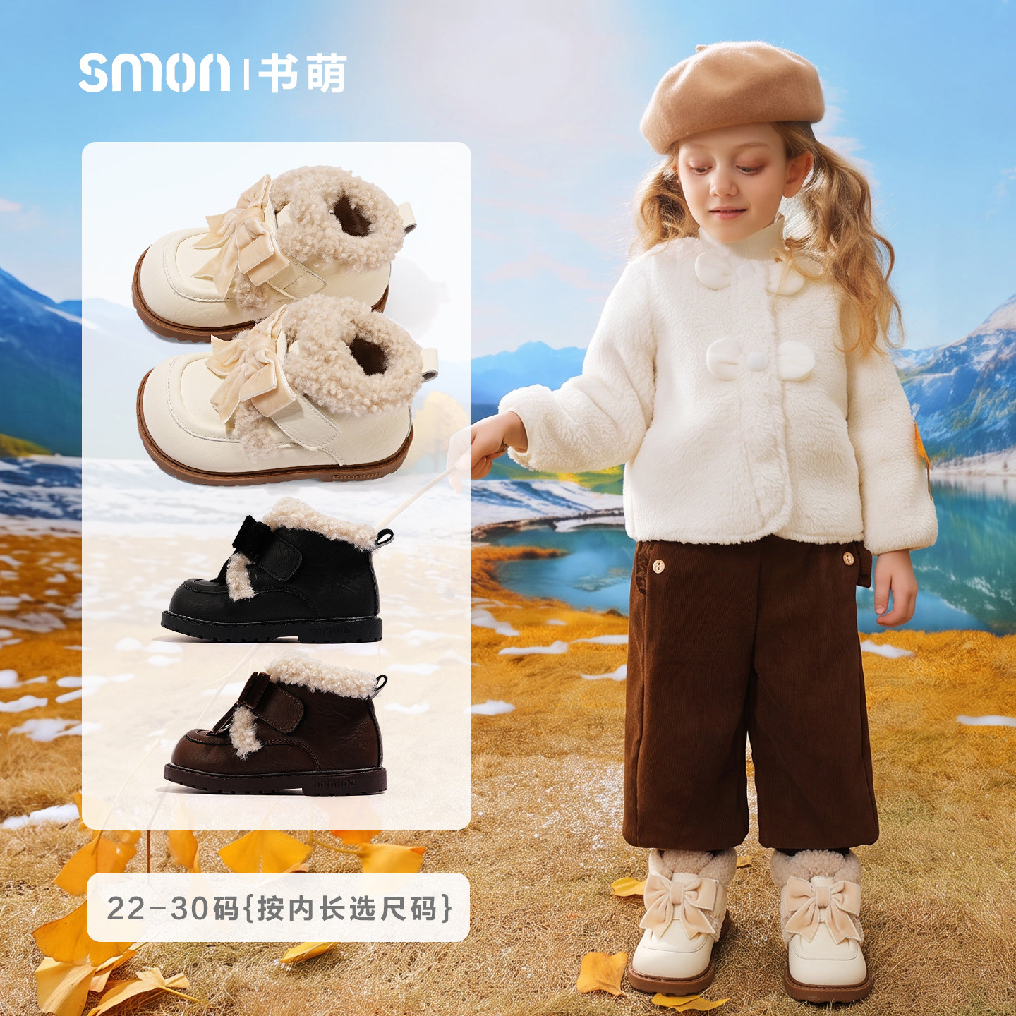 加绒保暖厚底棉靴蝴蝶结公主靴子