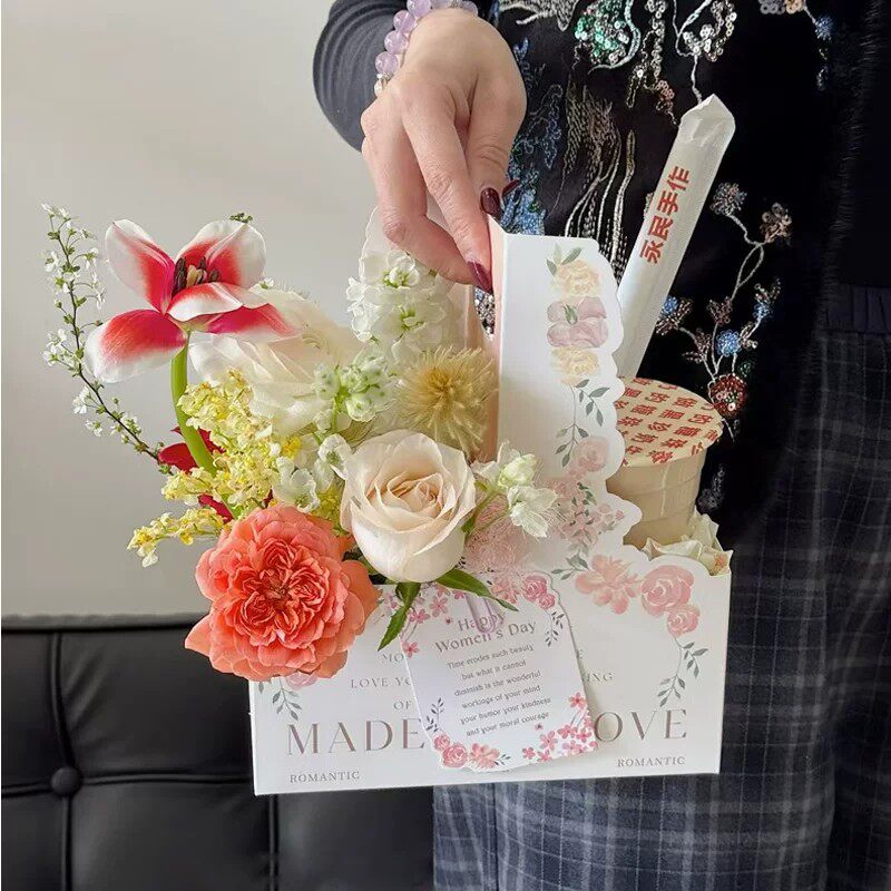 【清仓10个/包】手提咖啡奶茶花盒鲜花礼盒包装插花材料手提花篮