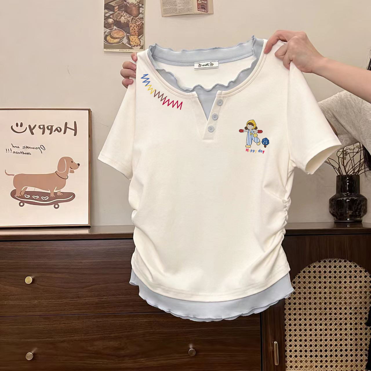 女中大童纯棉短袖T恤夏季假两件甜美公主撞色卡通印花打底衫上衣