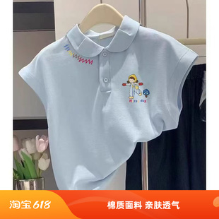 女中大童纯棉洋气可爱简约翻领polo衫无袖休闲T恤外穿薄上衣百搭