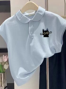 男女中大童纯棉洋气可爱简约翻领polo领无袖休闲T恤外穿薄上衣夏
