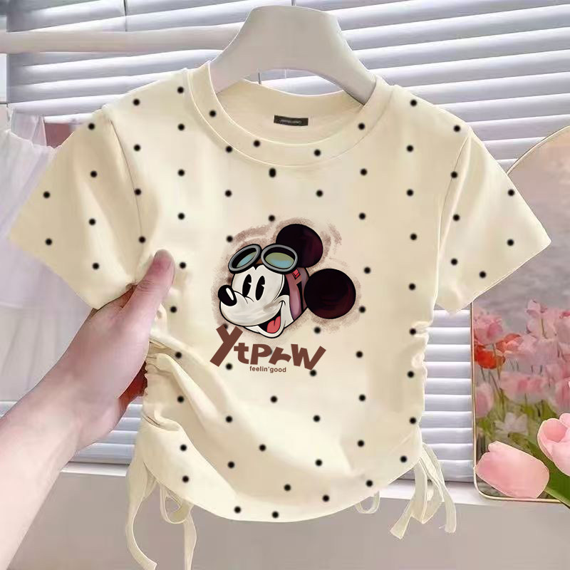 纯棉女童T恤短袖新款夏季中大童波点卡通印花公主抽绳上衣百搭潮