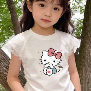女童短袖T恤2026新款夏季洋气修身白色搭配上衣拼接蕾丝印花图案