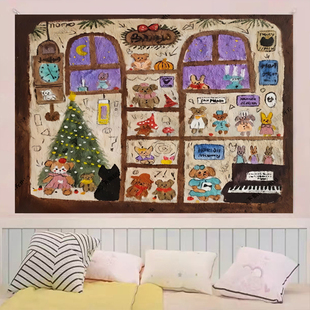 玩偶商店治愈系卧室装饰画布小众可爱猫咪卡通抽象背景布挂布