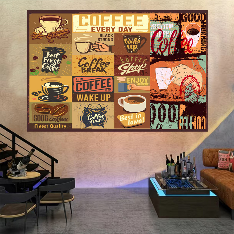 美式复古手绘咖啡背景布coffee店墙面海报怀旧主题装饰画布挂布