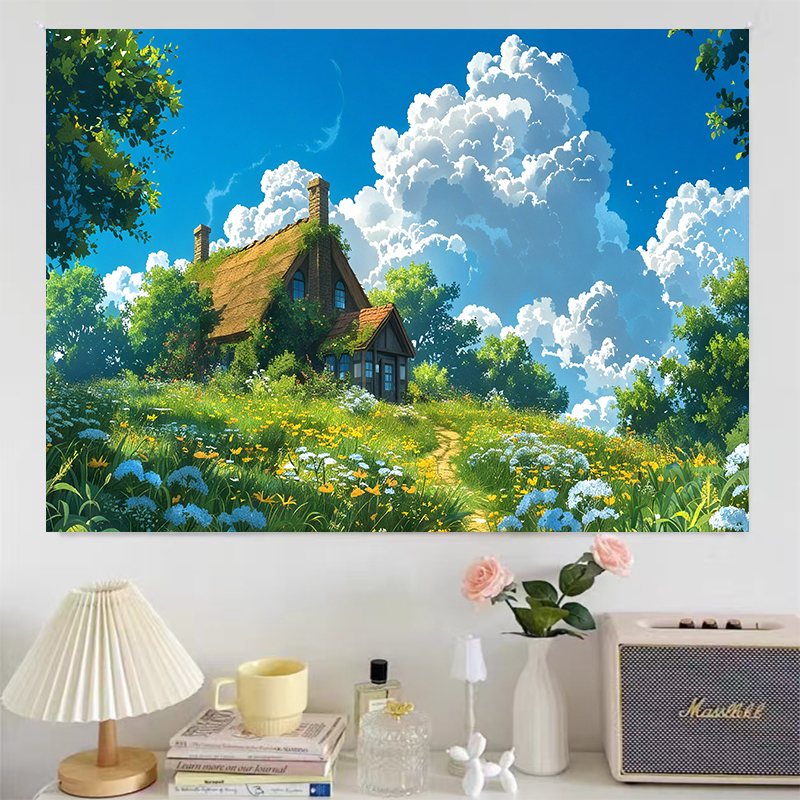 宫崎骏乡村风景治愈画布卧室床头装饰背景布客厅背景墙挂布挂毯
