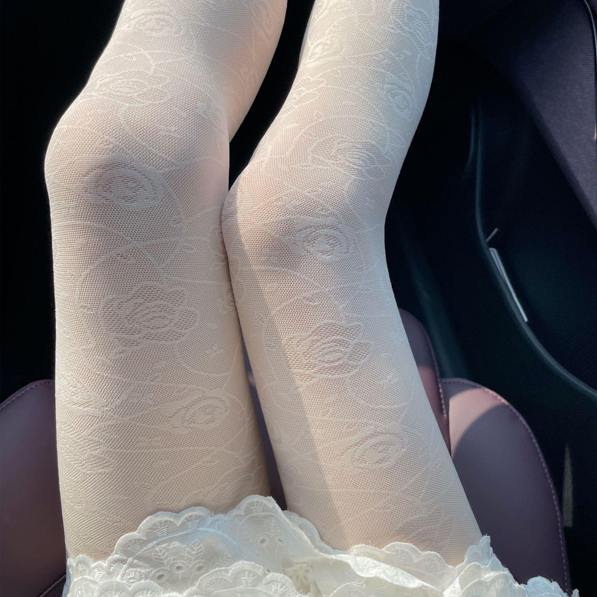 春夏薄款黑色蕾丝复古优雅暗纹玫瑰花纹连裤袜镂空白色提花丝袜女