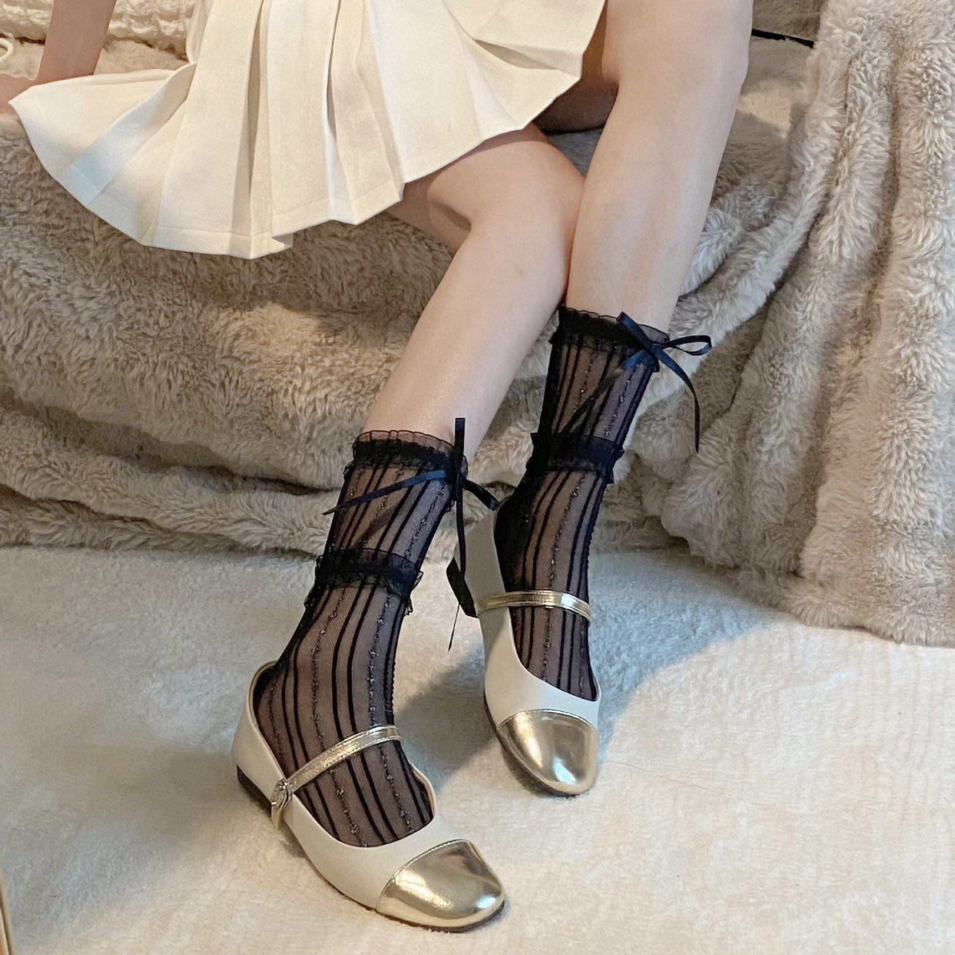玛丽珍花边蕾丝袜子女中筒袜夏季芭蕾风亮丝蝴蝶结日系jk小腿短袜