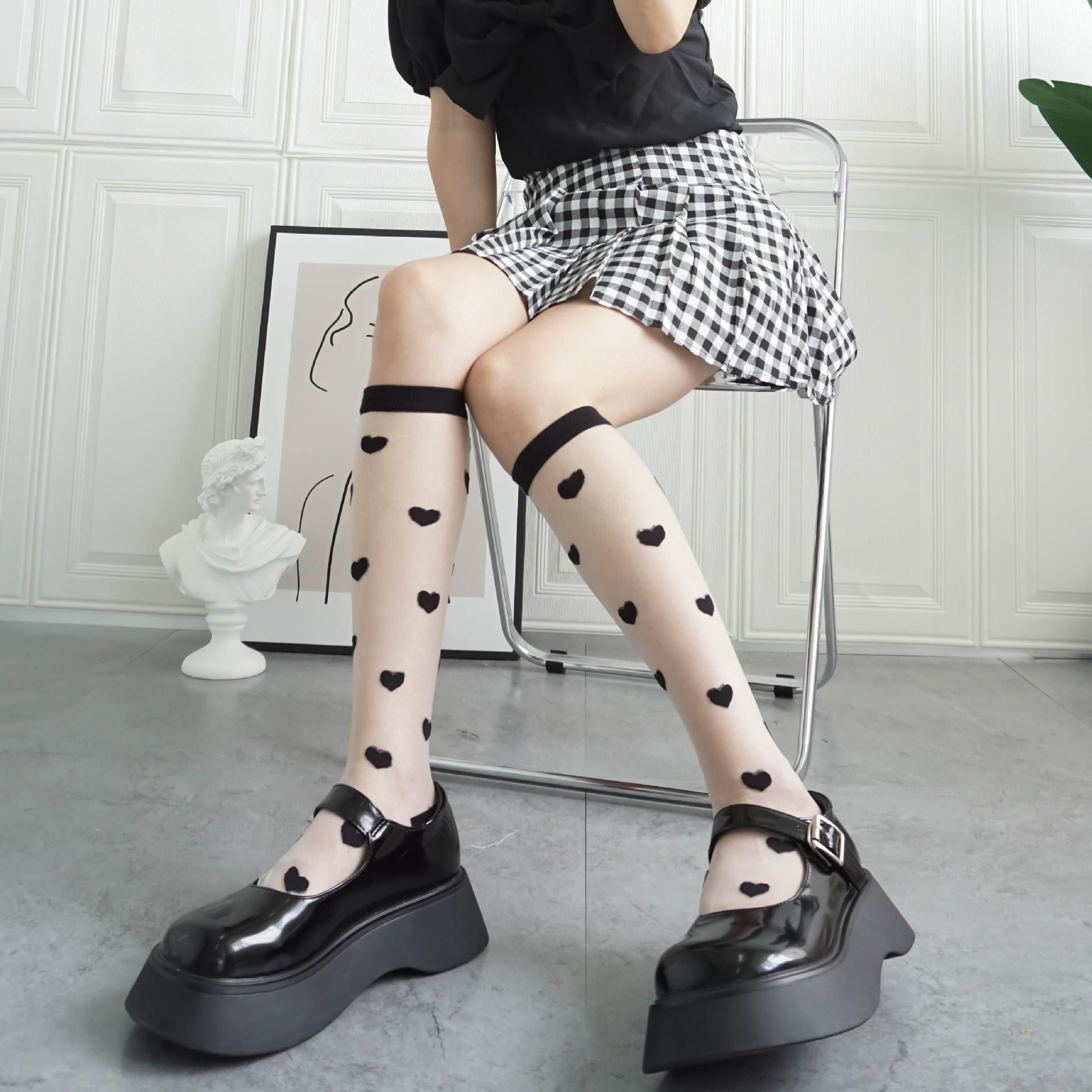 日系甜美少女洛丽塔爱心玻璃丝中筒袜超薄超透小腿袜JK袜子女夏季