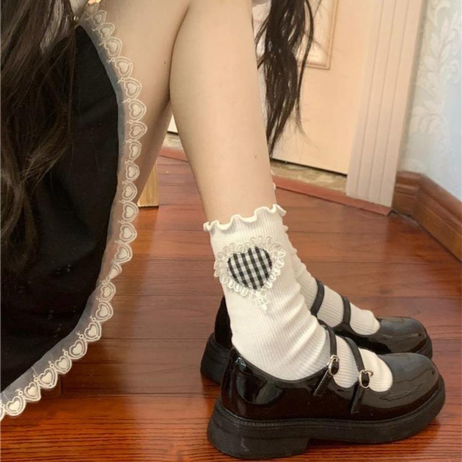白色甜美少女jk夏季绣花蕾丝日系可爱软妹lolita洛丽塔中筒爱心袜
