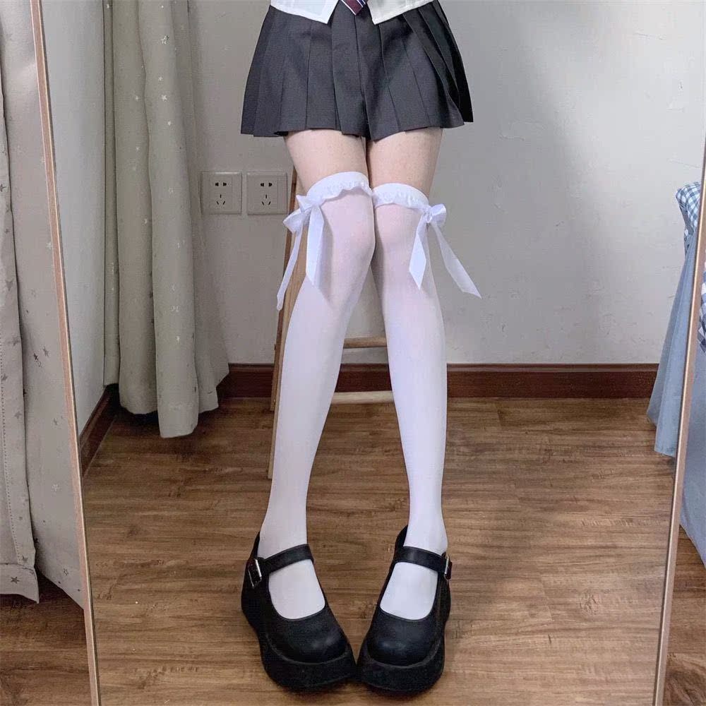 JK长筒白色袜子纯欲少女蝴蝶结过膝袜花白你堆堆长袜洛丽塔天鹅绒