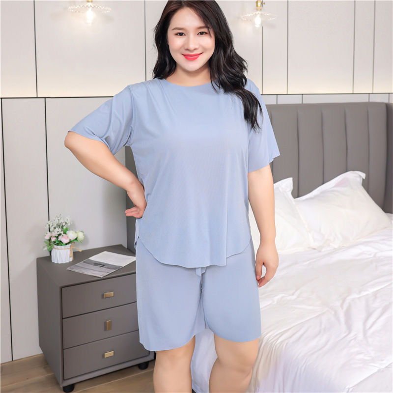 夏大码冰丝短裤套装女微胖mm妈妈加肥加大宽松短袖休闲家居服睡衣