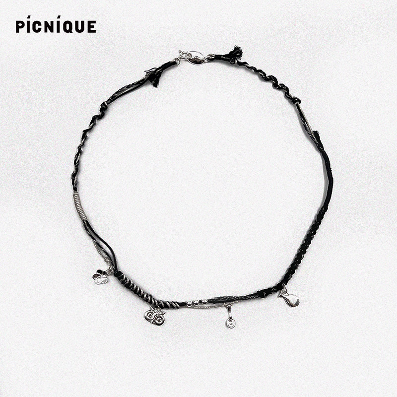 Picnique 猫头鹰花卉陶罐勺子黑银编绳细项链高级感轻奢个性