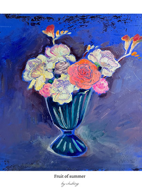 FOS艺术收藏 蓝色系花卉静物瓶花手绘油画签名收藏卧室客厅装饰画