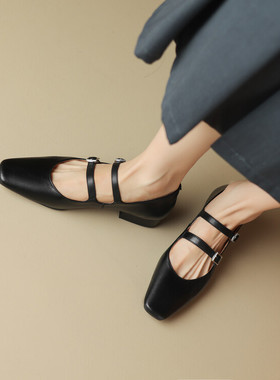 方头方跟TPR(牛筋）胶粘鞋头层猪皮玛丽珍鞋