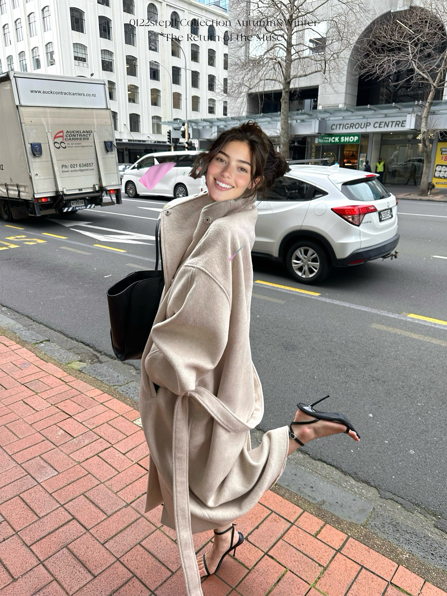 0122奥克兰往事 100绵羊毛大衣女宽松杏色长款立领毛呢外套