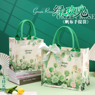 绿玫瑰时尚帆布包休闲大容量帆布托特包包女2026新款通勤手提包女