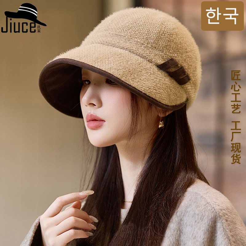 洋气韩版雪尼尔针织马术帽女生秋冬季穿搭保暖鸭舌帽韩版棒球帽潮