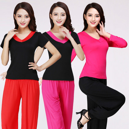 广场舞服装女成人时尚中老年V领莫代尔上衣舞蹈瑜伽练功跳舞衣服