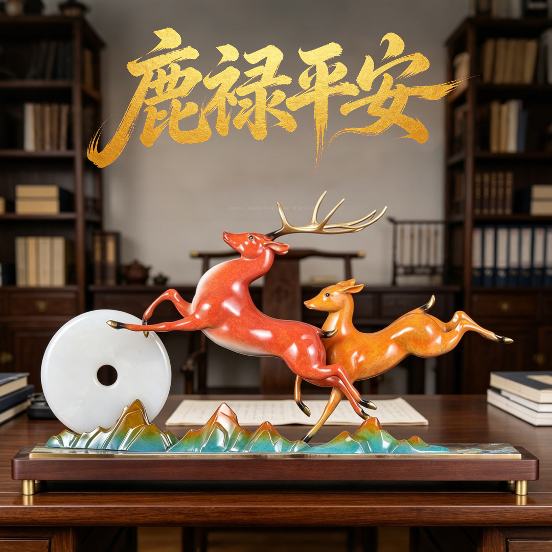 彩铜鹿禄平安摆件招财梅