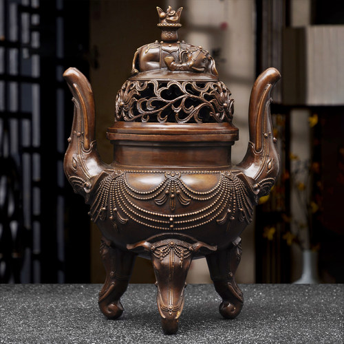 彩铜三足大象熏香炉仿古宣德炉书