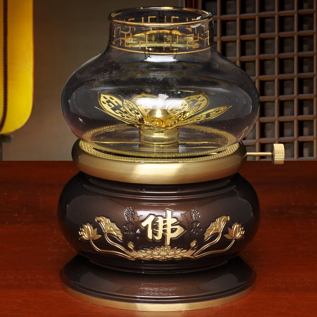 黄铜深啡佛字调光油灯酥油灯防风灯座长明灯家用寺庙佛堂供佛油灯