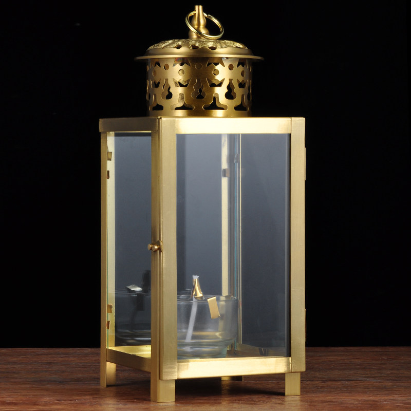 黄铜四面灯酥油灯灯座防风油灯罩长明灯室内户外防风防雨水罩供灯