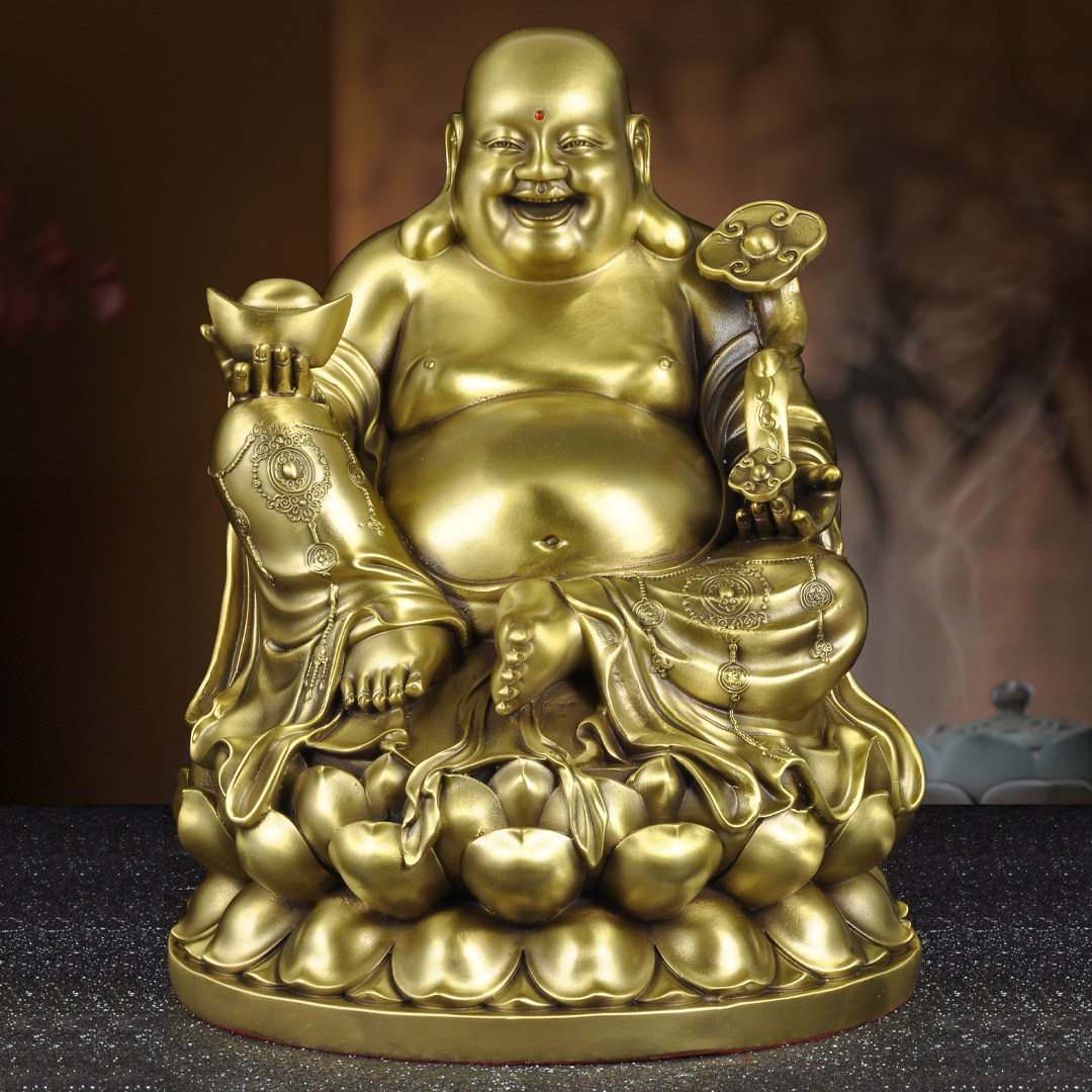 纯黄铜如意弥勒佛摆件大肚佛笑佛家用客厅玄关装饰品寺庙佛堂供奉