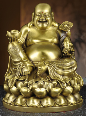 纯黄铜如意弥勒佛摆件大肚佛笑佛家用客厅玄关装饰品寺庙佛堂供奉