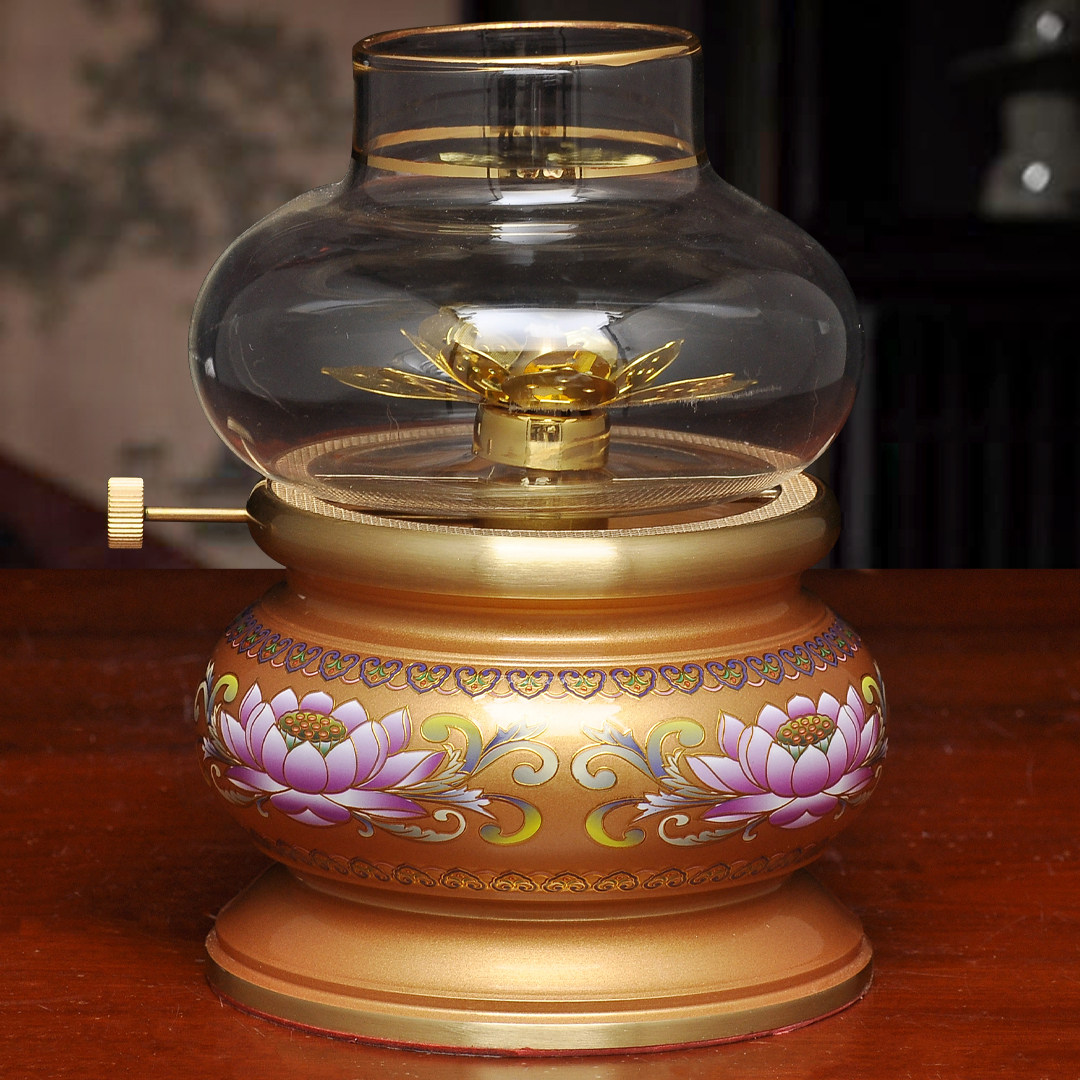 黄铜莲花圆边调光油灯酥油灯家用寺庙佛堂供佛油灯长明灯防风灯座