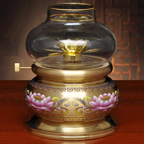 黄铜素面莲花油灯酥油灯家用寺庙佛堂供佛油灯长明灯佛灯防风灯座