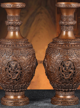 紫铜四龙镂空花瓶摆件一对铜花瓶家居客厅电视柜装饰品乔迁送礼品