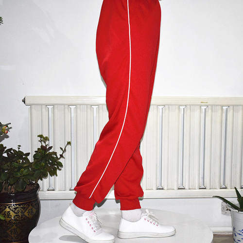 红色春秋款纯棉校服裤子宽松运动休闲长裤一细白杠细白线束脚校裤