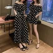 气质波点收腰连体裤 短裤 阔腿裤 一字肩露肩一字领雪纺宽松时尚 夏装