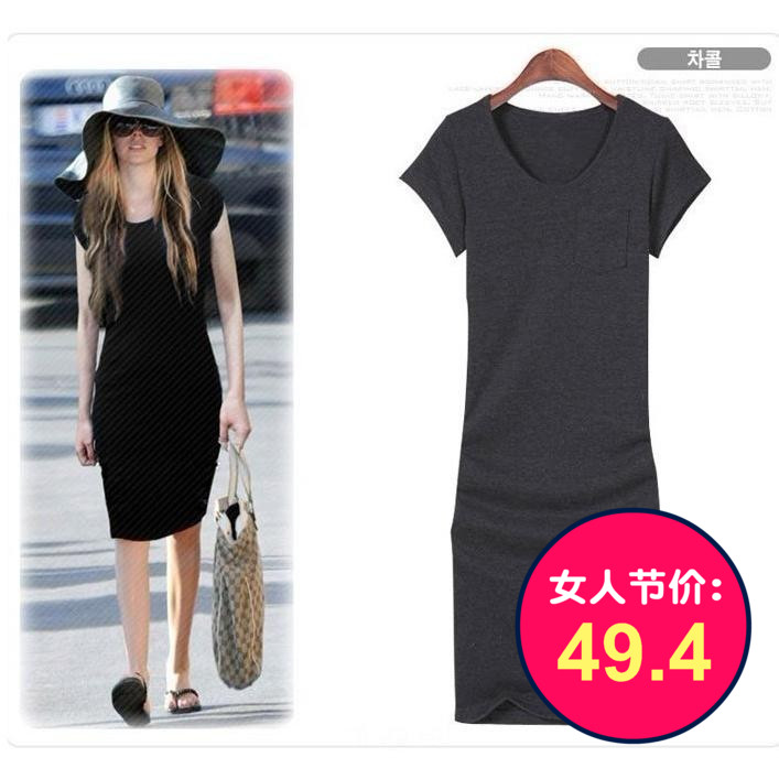 2018春裝新款歐美大碼女裝修身顯瘦連衣裙女中長款純棉打底裙夏