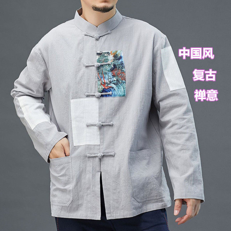 민족 스타일의 새로운 국가 스타일 남성 봄 가을 셔츠 패치워크 코트 윈드 브레이커 코튼 린넨 얇은 판 버튼 가디건