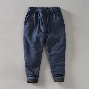 冬季松紧腰直筒保暖加厚苎麻棉裤男士复古宽松抽绳小脚休闲长裤子