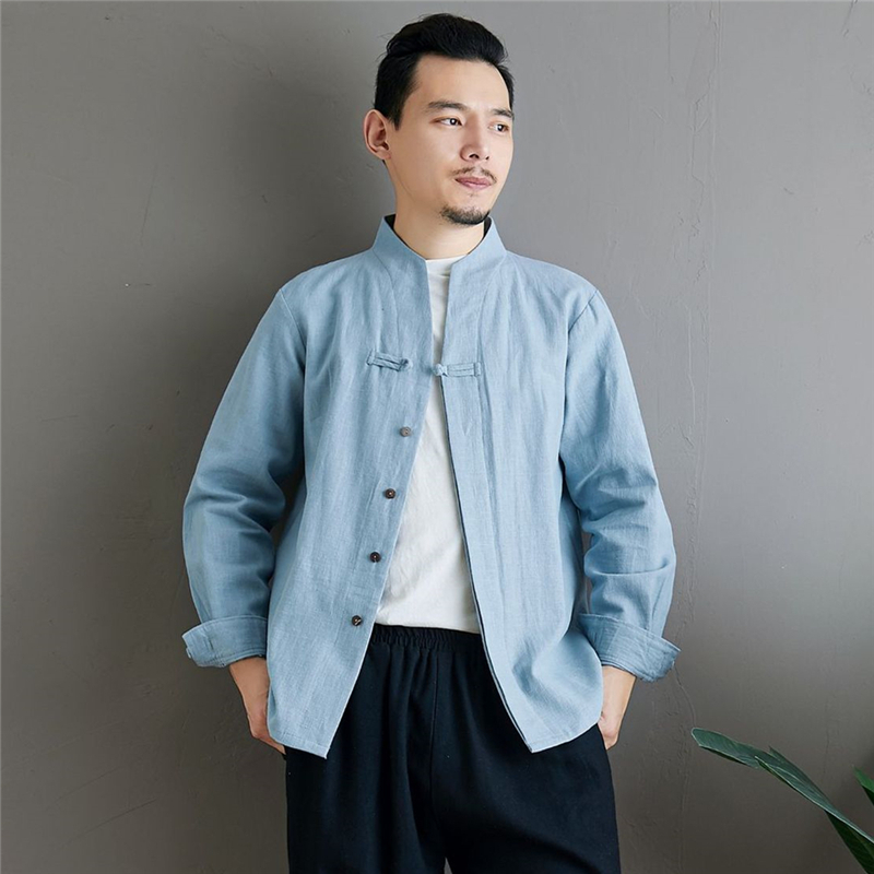新品苎麻中国风男式立领纯色布衣