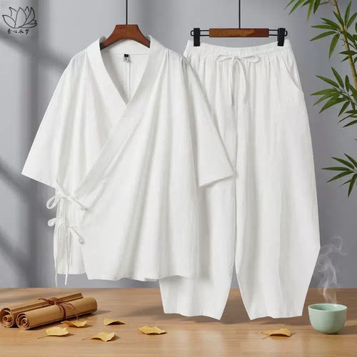 中国风复古棉麻七分袖男汉服套诸
