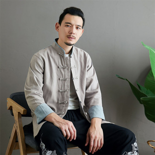 衬衫 春秋新款 男式 滚边对襟衣苎麻挽袖 复古立领休闲居士茶禅服 唐装